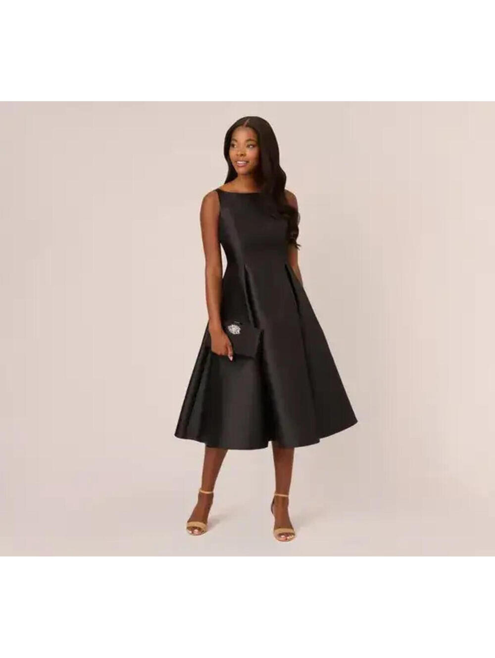 Adrianna Papell Black Mikado Fit & Flare Midi Dress Size 16 Cocktail Formal $269